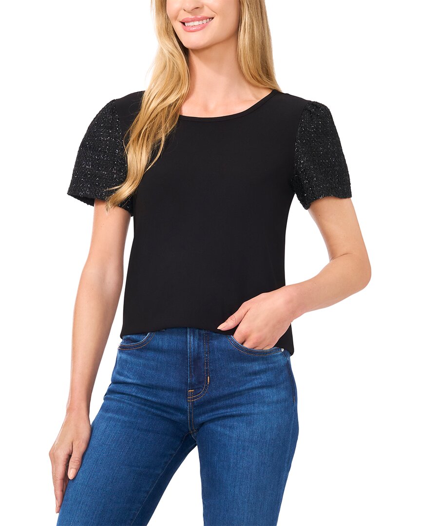 Cece Set-in Sleeve Mixed Media Top In Black