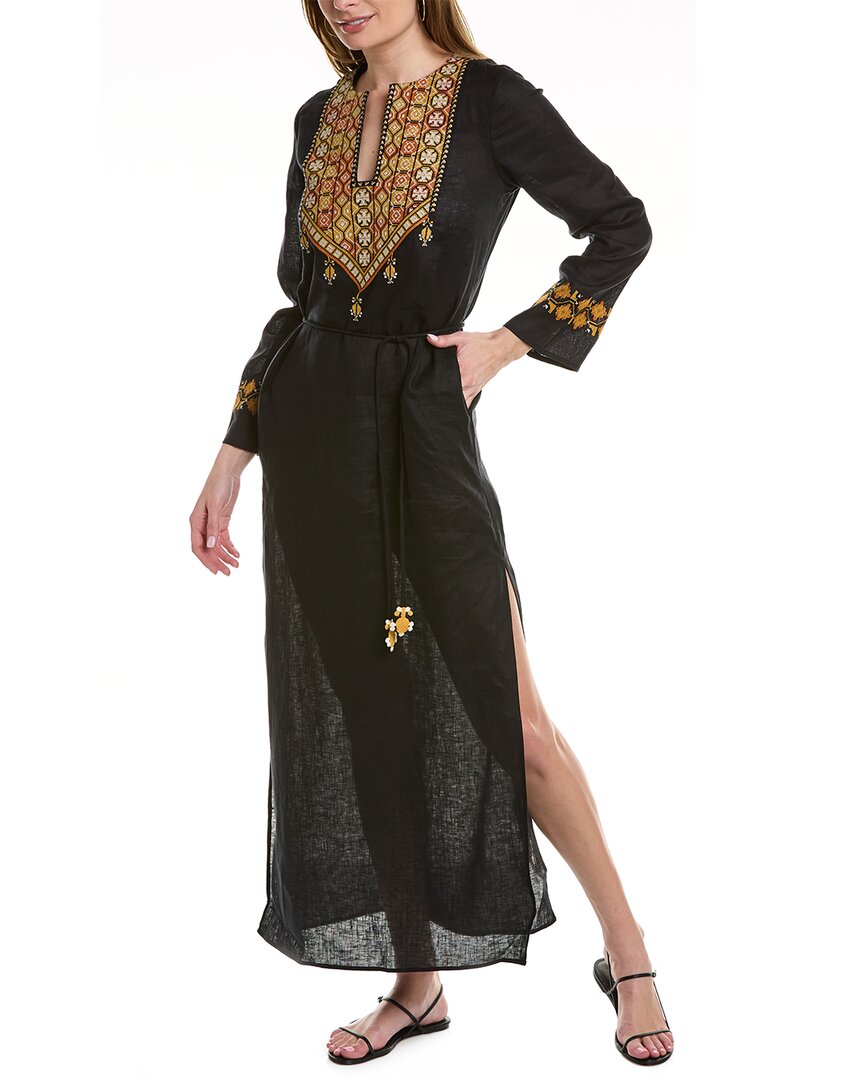 Tory Burch Embroidered Long Linen Caftan Dress In Black