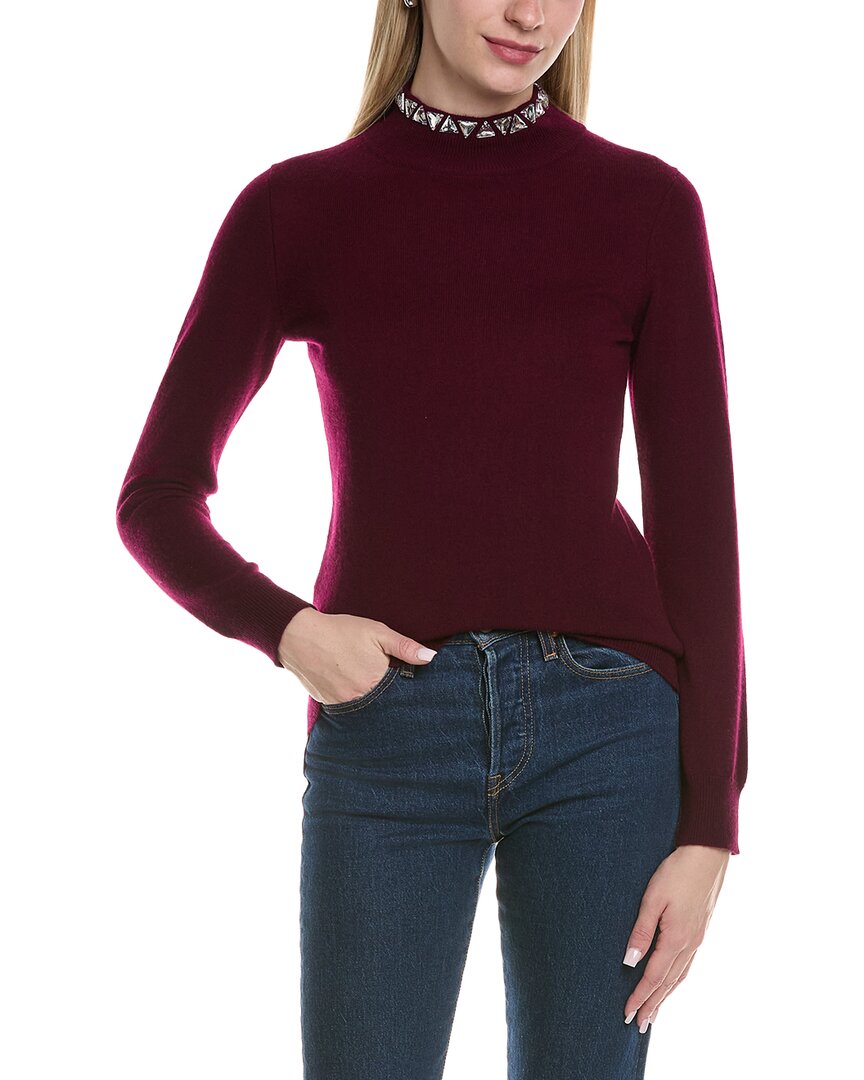 Sofiacashmere Stone-trimmed Mock Neck Wool & Cashmere-blend Sweater In Red