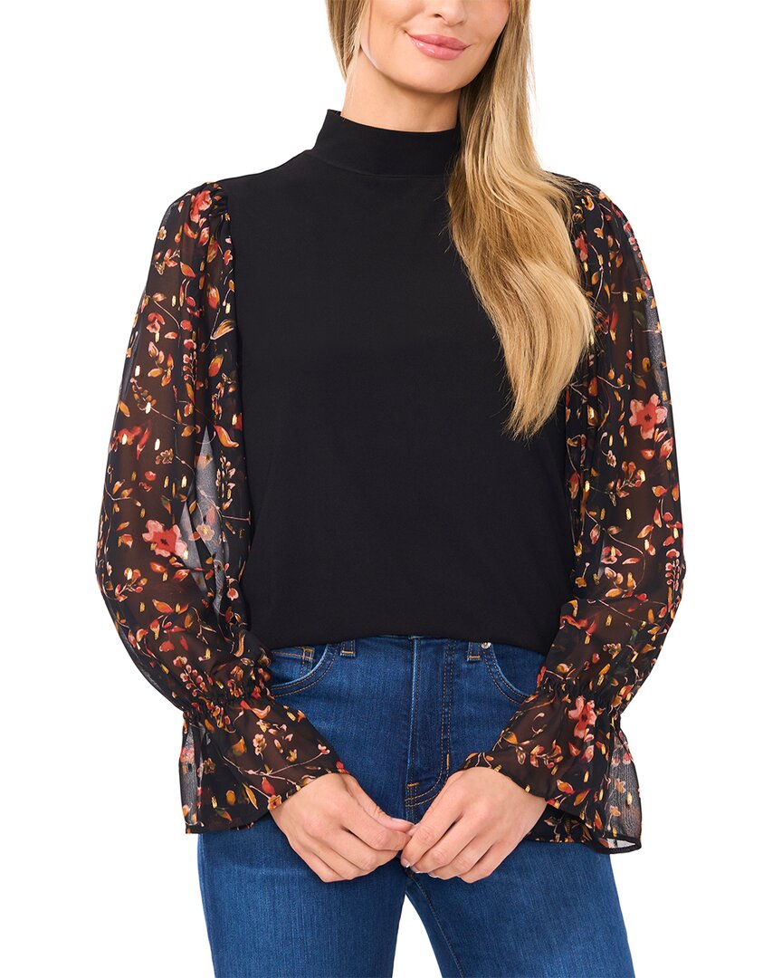 Cece Womens Mixed Media Crepe Blouse In Black
