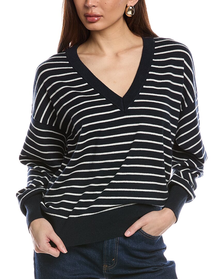 Hugo Boss Boss Stripe Wool & Cashmere V-neck Sweater In Blue