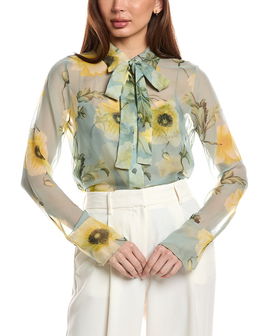 Oscar De La Renta Floral Print Silk Chiffon Blouse With Tie Neckline In Yellow