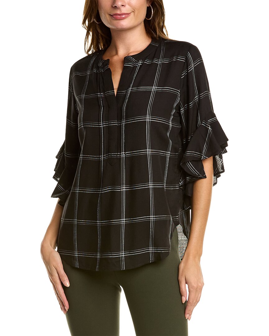 Vince Camuto Windowpane Ruffle Sleeve Popover Top In Black