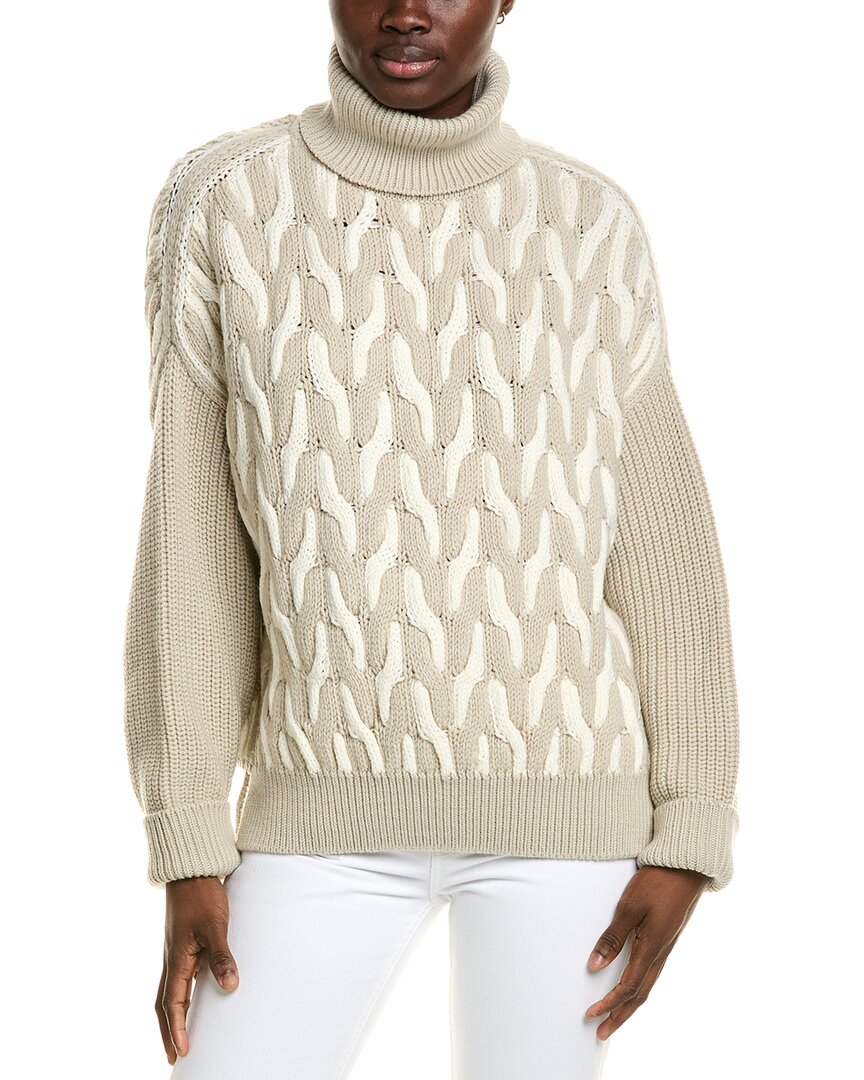 Hugo Boss Boss Ferdolia Two-tone Cable Stitch Virgin Wool Turtleneck Sweater In Neutral