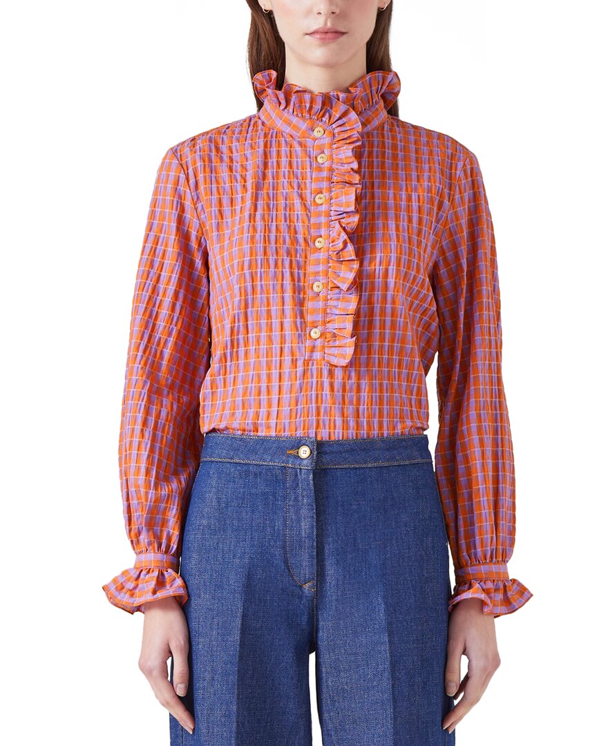 Lk Bennett Womens Mul-orange Camille Gingham Seersucker-cotton Shirt In Pink