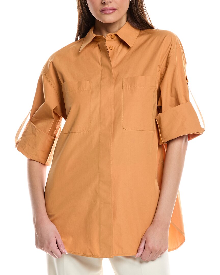 Lafayette 148 Organic Cotton Poplin Tab Sleeve Popover Shirt In Orange