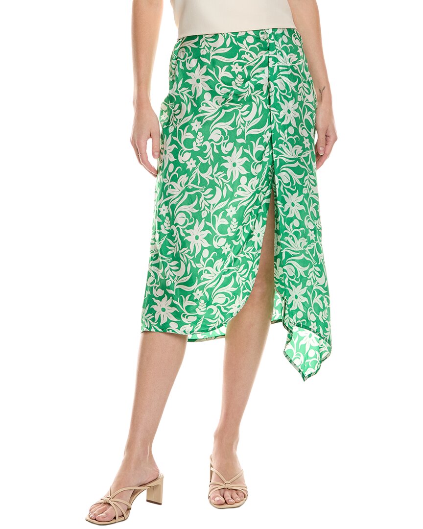 Maje Draped Floral-print Cupro-blend Satin-twill Midi Skirt In Green