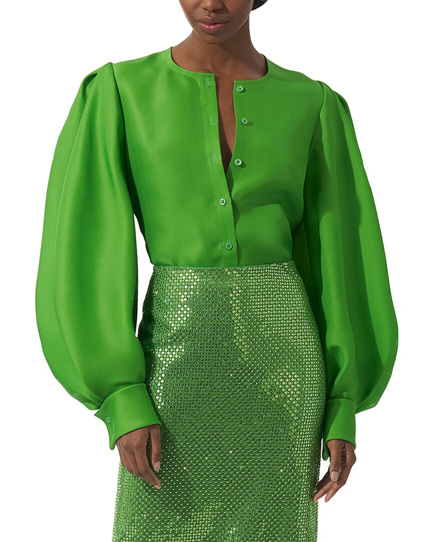 Carolina Herrera Puff Sleeve Button-down Silk Top In Green