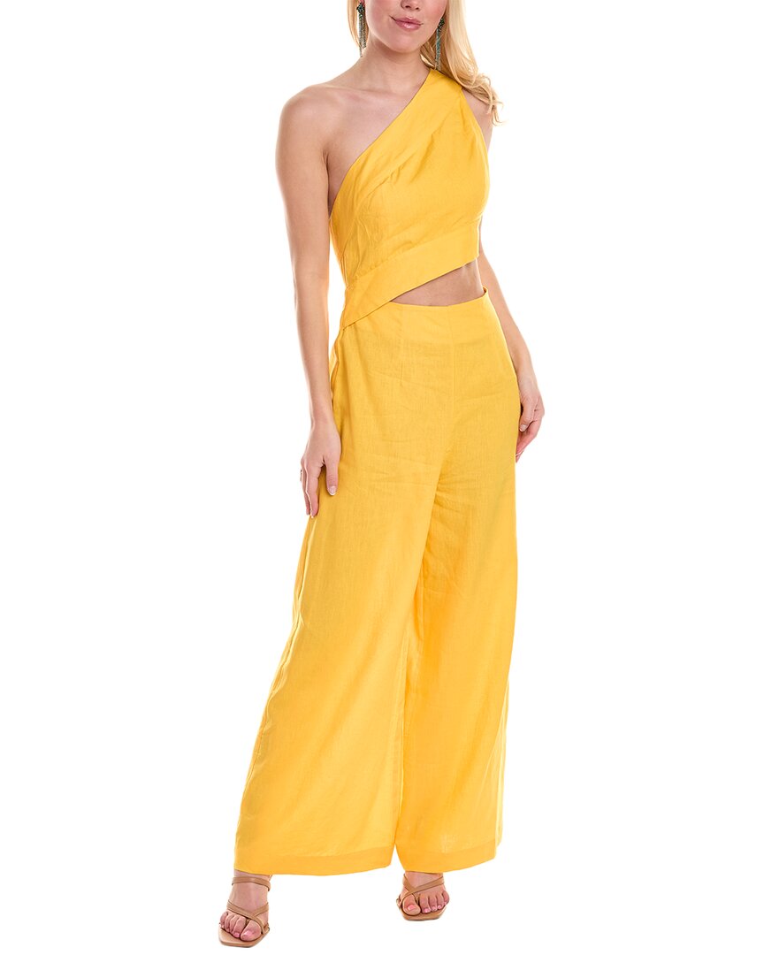 Shop Farm Rio Asymmetric Linen-blend Jumpsuit In Yellow