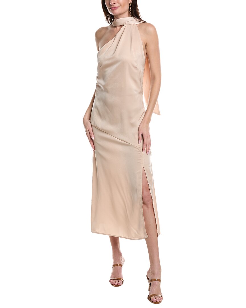 Shop Reveriee One-shoulder Midi Dress In Beige
