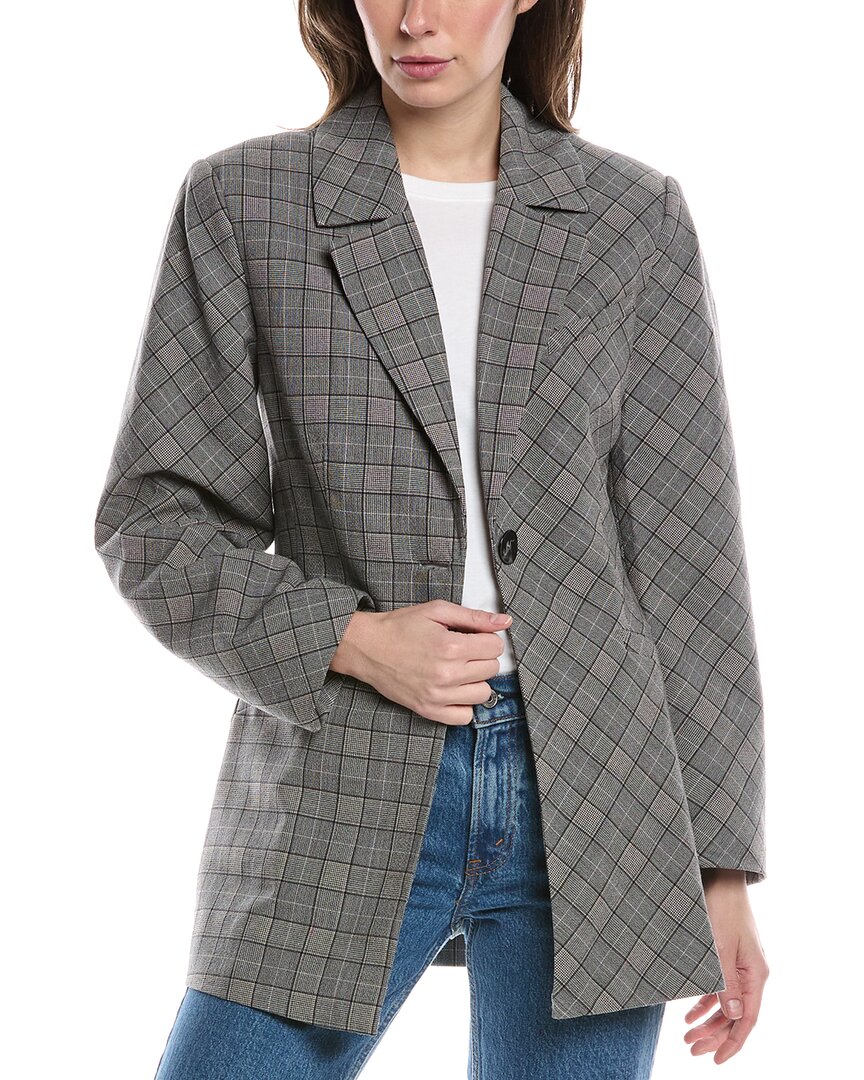 Ganni Check Mix Fitted Wool-blend Blazer In Grey