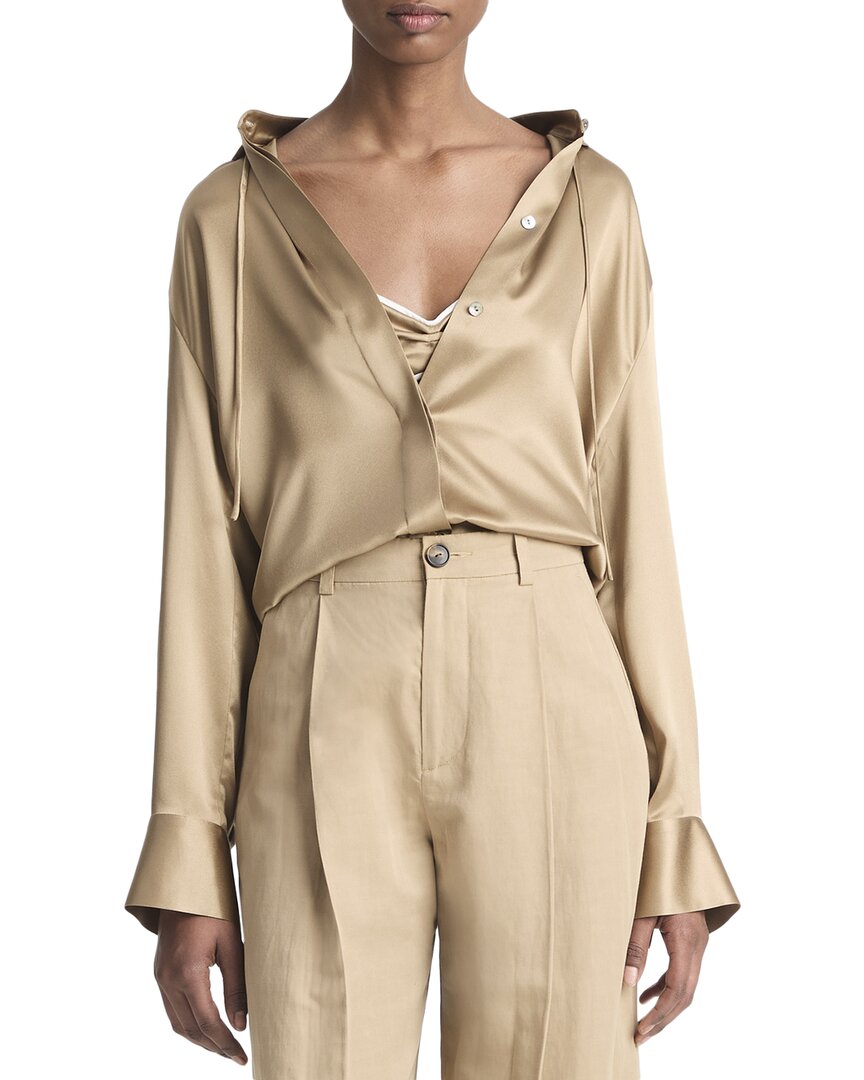 Vince Women's Silk Drawstring Hooded Blouse In Brown