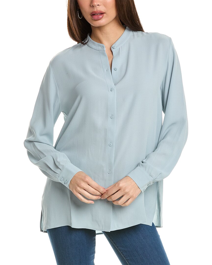 Shop Eileen Fisher Mandarin Collar Silk Shirt In Gray
