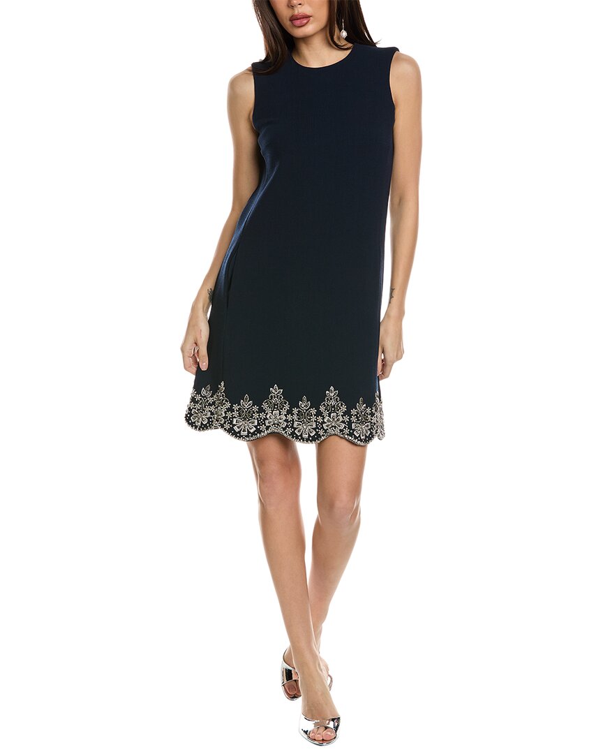 Shop Oscar De La Renta Sleeveless Crystal Scallop Embellished Silk-lined Wool-blend  Shift Dress In Blue