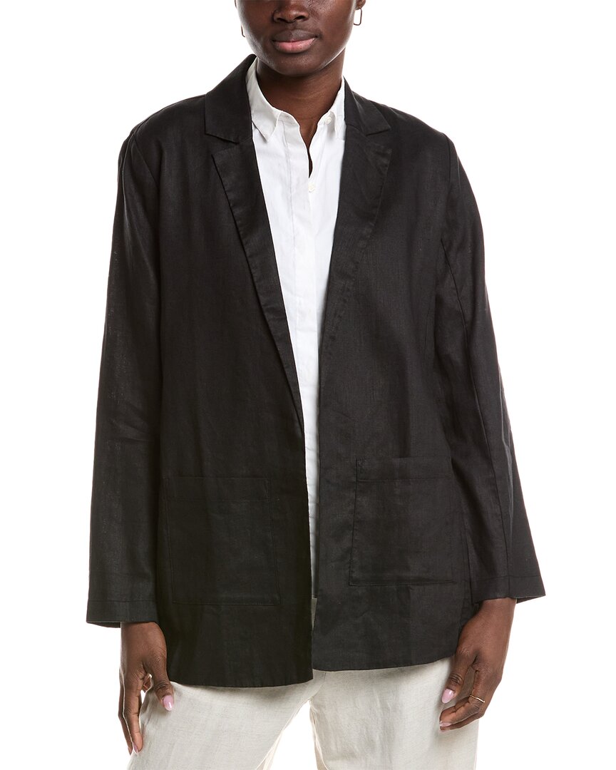 Eileen Fisher Notch Collar Long Linen Blazer In Black