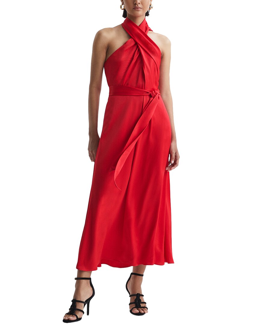 Reiss Red Satin Halter Neck Fitted Midi Dress In Red