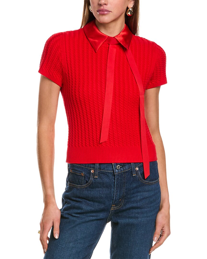 Alice And Olivia Abbott Bow-detailed Cable-knit Wool-blend Polo Sweater