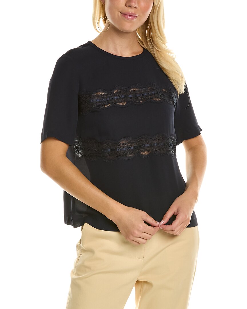 Shop Rebecca Taylor Lace Silk T-shirt In Navy