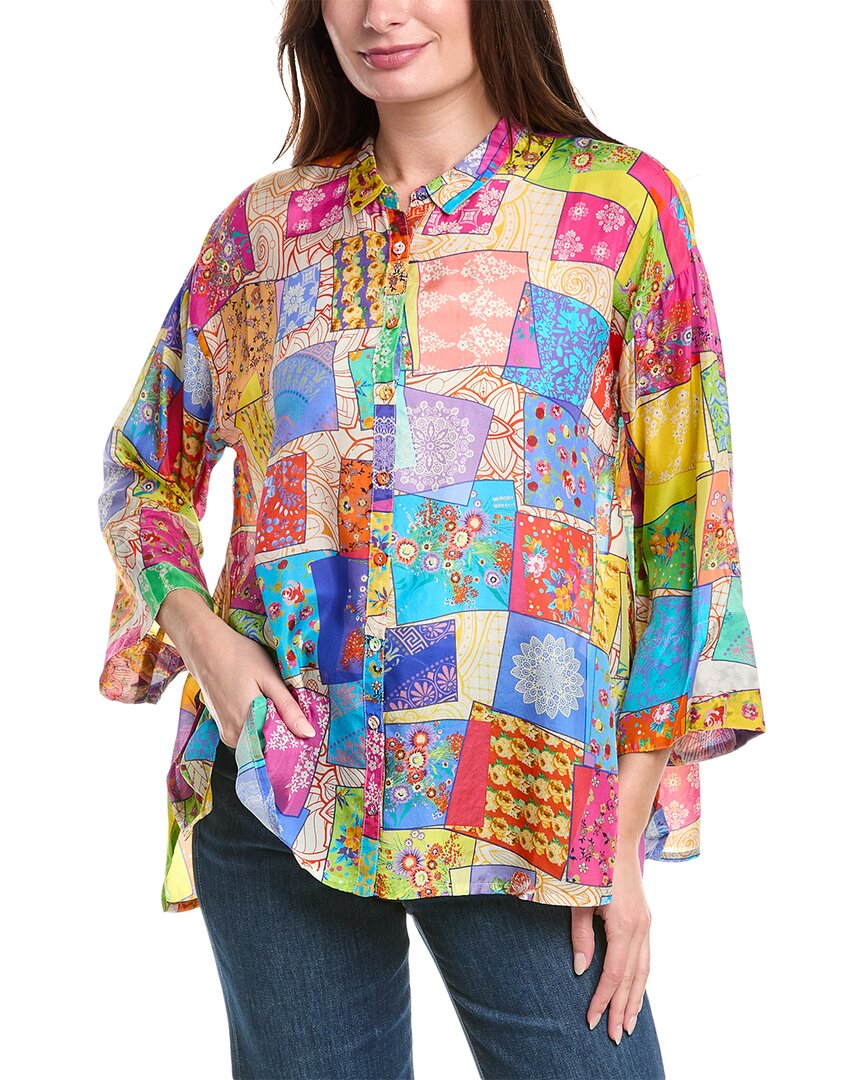 Johnny Was Multee Button-up Silk Blouse In Blue