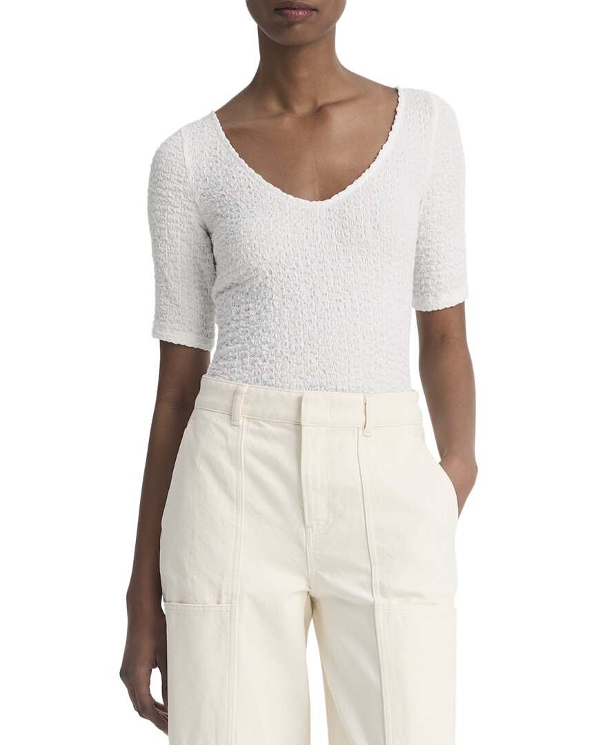 Vince Smocked Elbow Sleeve Soft V-neck Top In White