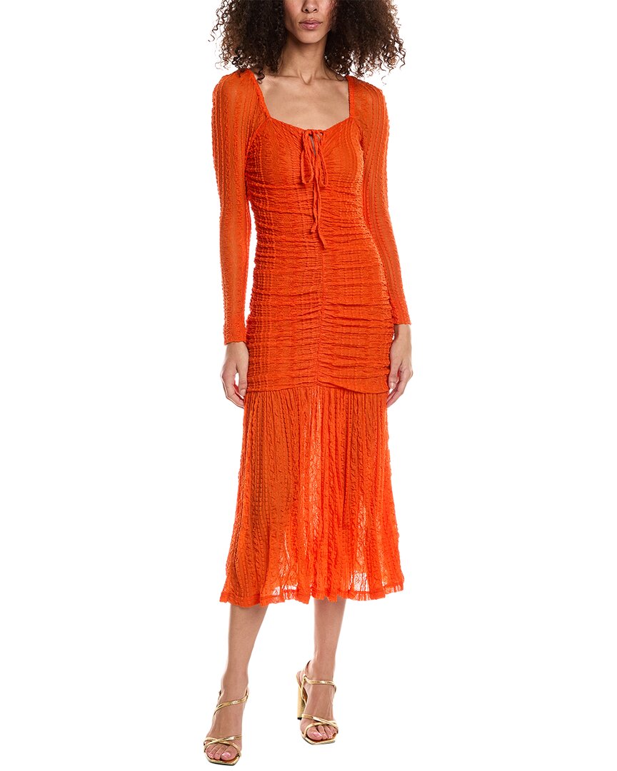 Shop Ganni Stretch Lace Gathered Midi Dress In Orange
