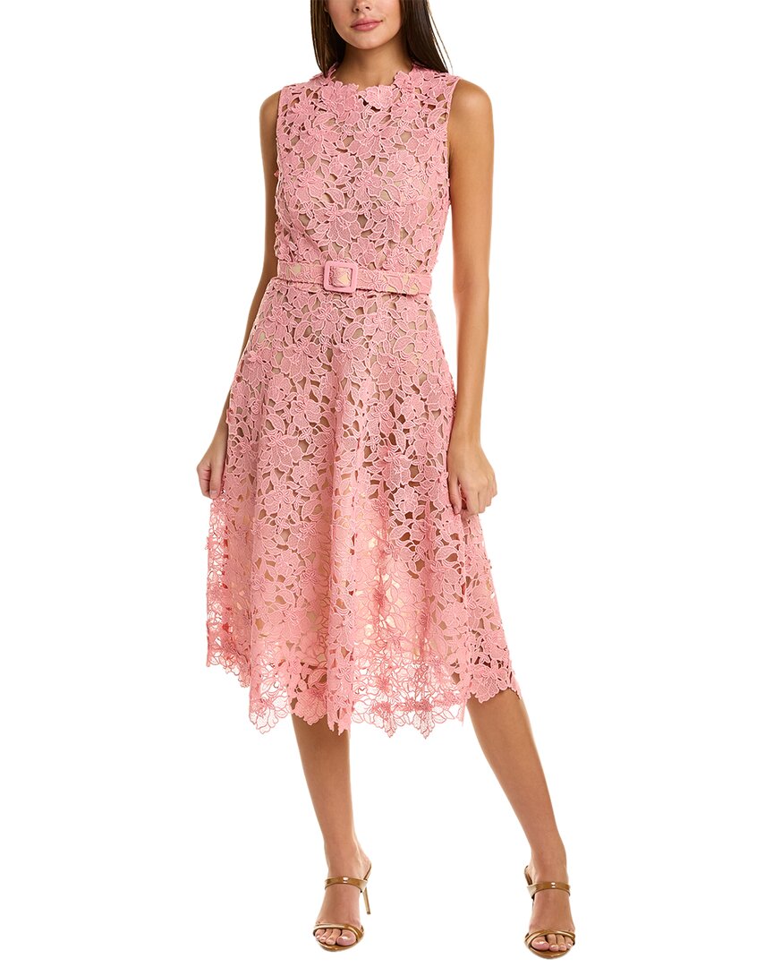 Shop Oscar De La Renta Floral Lace Midi Dress In Pink