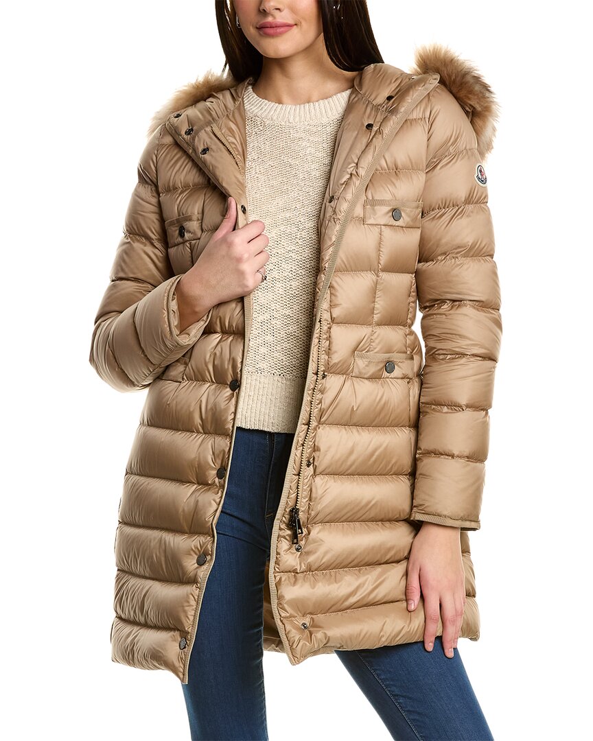 Moncler Hirmafur Long Puffer Coat With Shearling Ruff In Brown