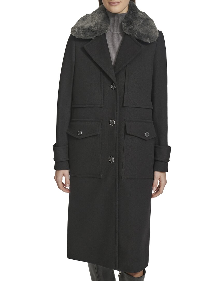 Andrew Marc Faux Fur Collar Wool Blend Coat In Black
