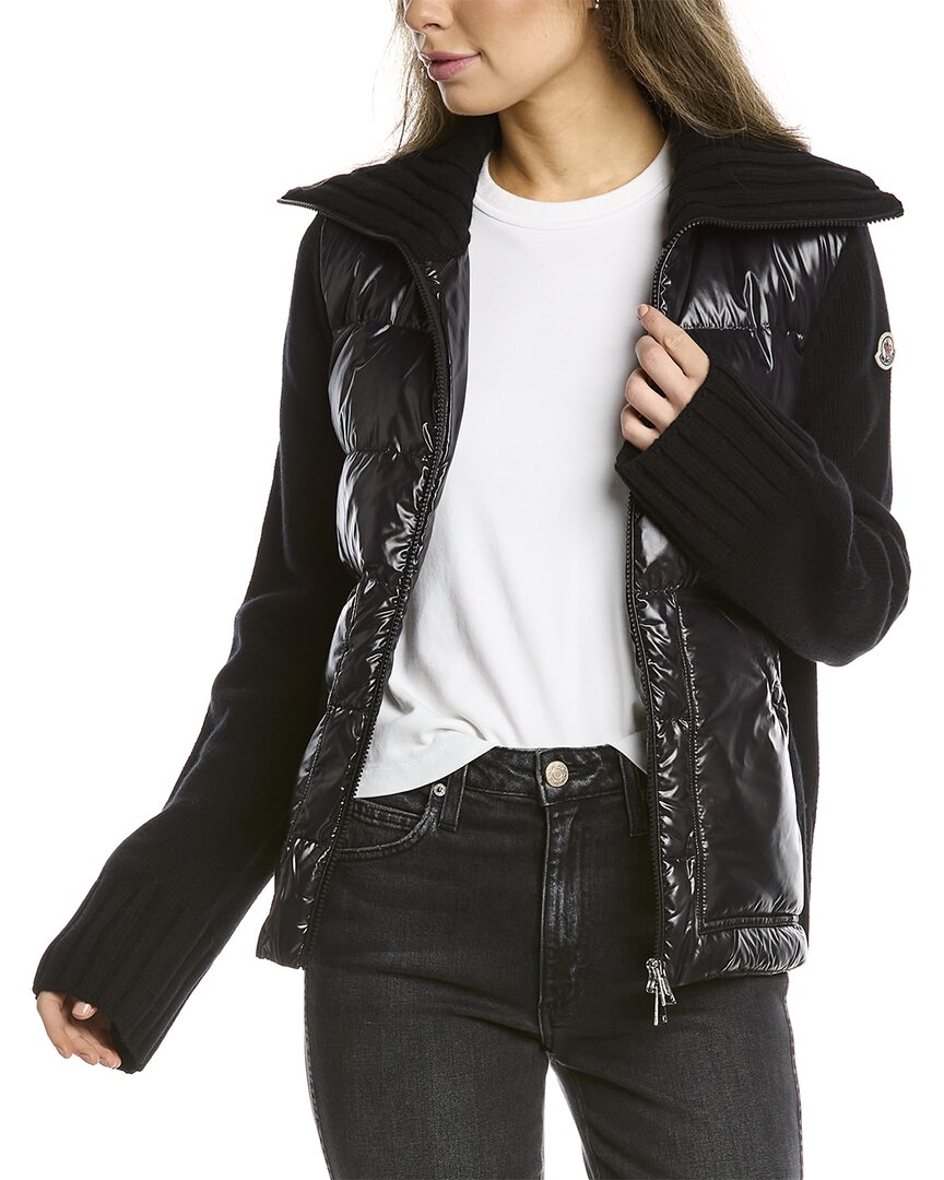 Moncler Puffer-front Wool Knit Cardigan In Black