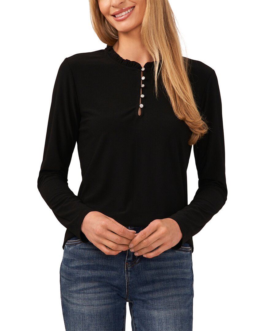 Cece Womens Embellished Ruffle Neck Blouse In Black