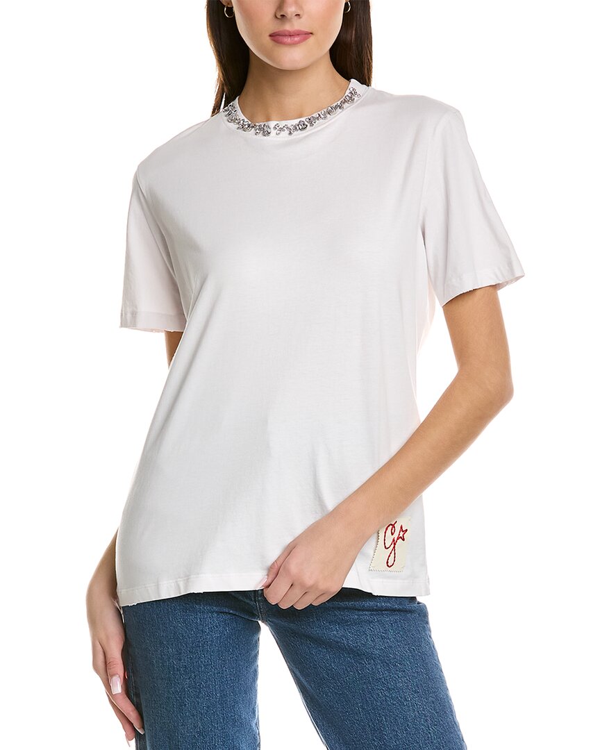 Women's white T-shirt with cabochon crystals