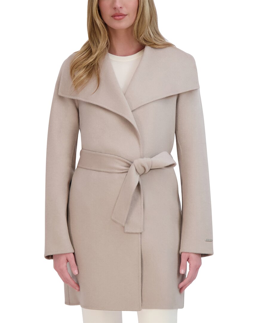 Tahari Women's Wool Wrap Coat With Tie Belt, Soft Almond, Large