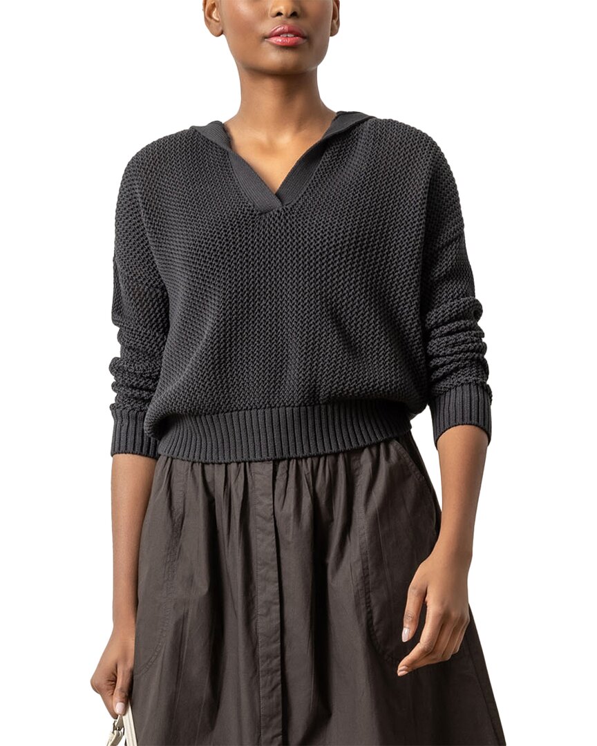 Lilla P Hooded Split Neck Sweater In Black In Black