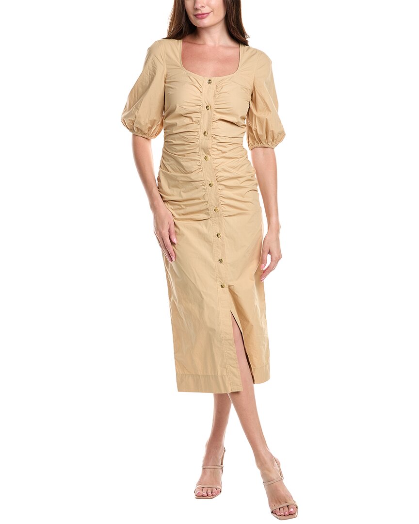 Ganni Short Sleeve Cotton Poplin Gathered Open-neck Maxi Dress