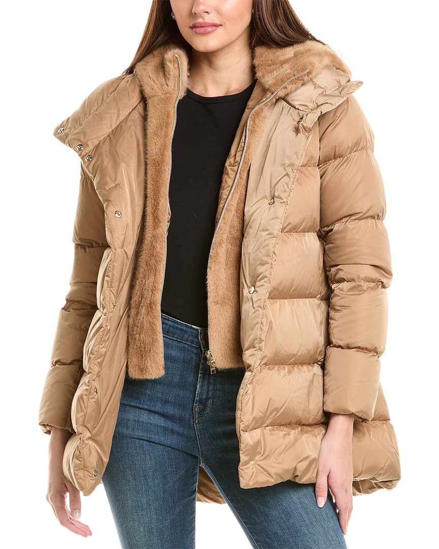 Herno Satin Down Puffer Jacket With Removable Faux Fur Hooded Bib In Brown