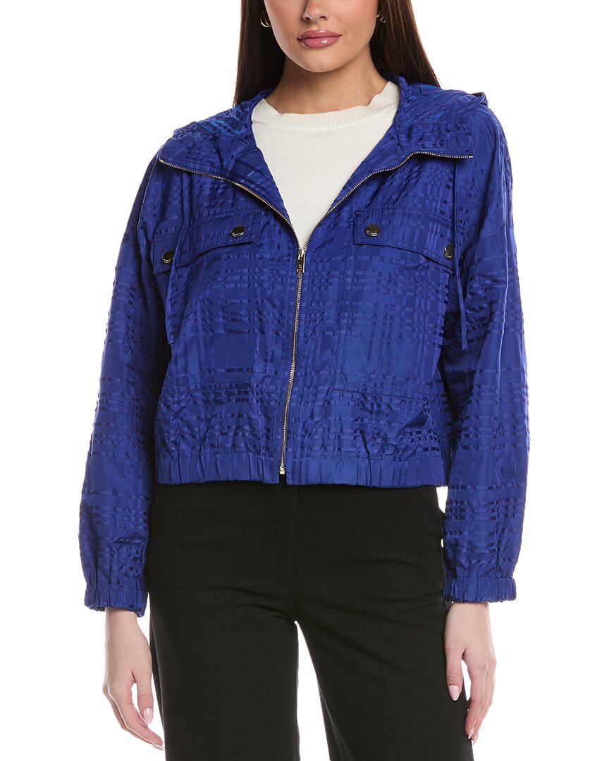 St John St. John Broken Plaid Outerwear Jacket W/ Hood & Po In Blue