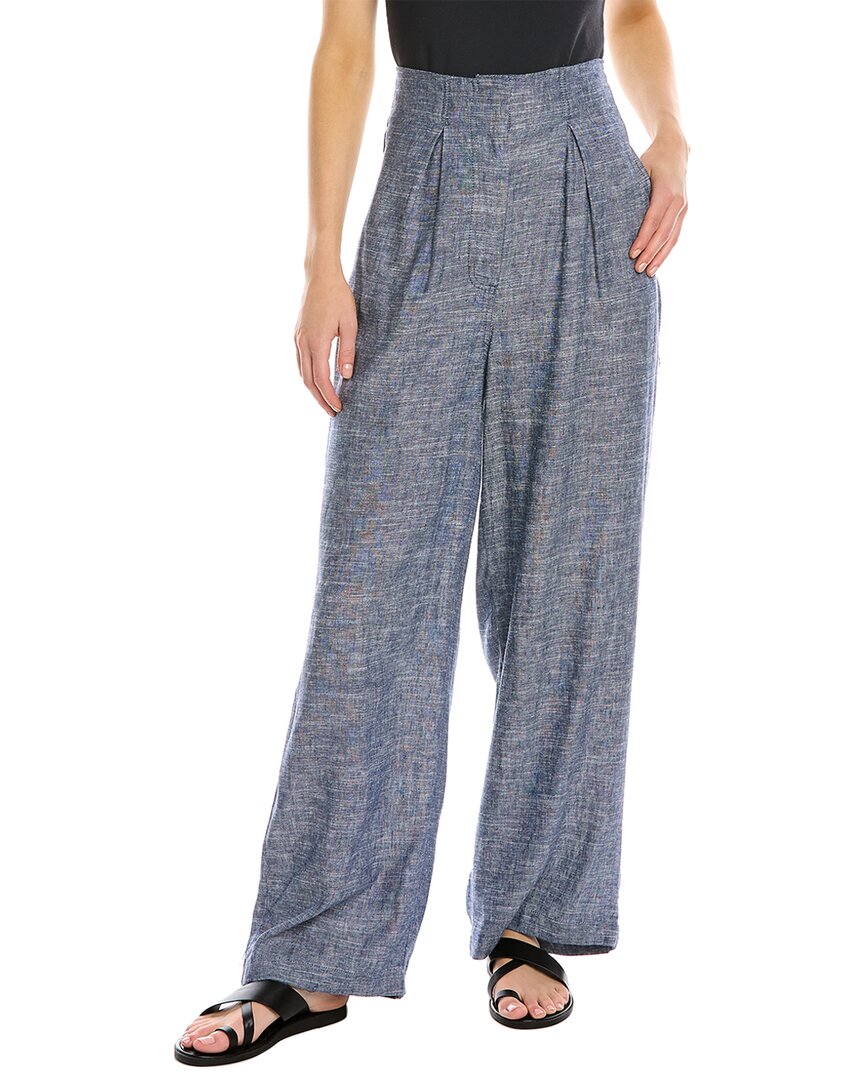 Shop Max Studio Pleated Linen-blend Easy Pant In Blue