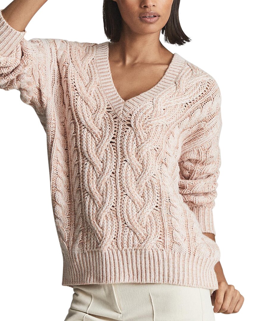 Reiss Esme Cable V-neck Wool-blend Sweater In Pink
