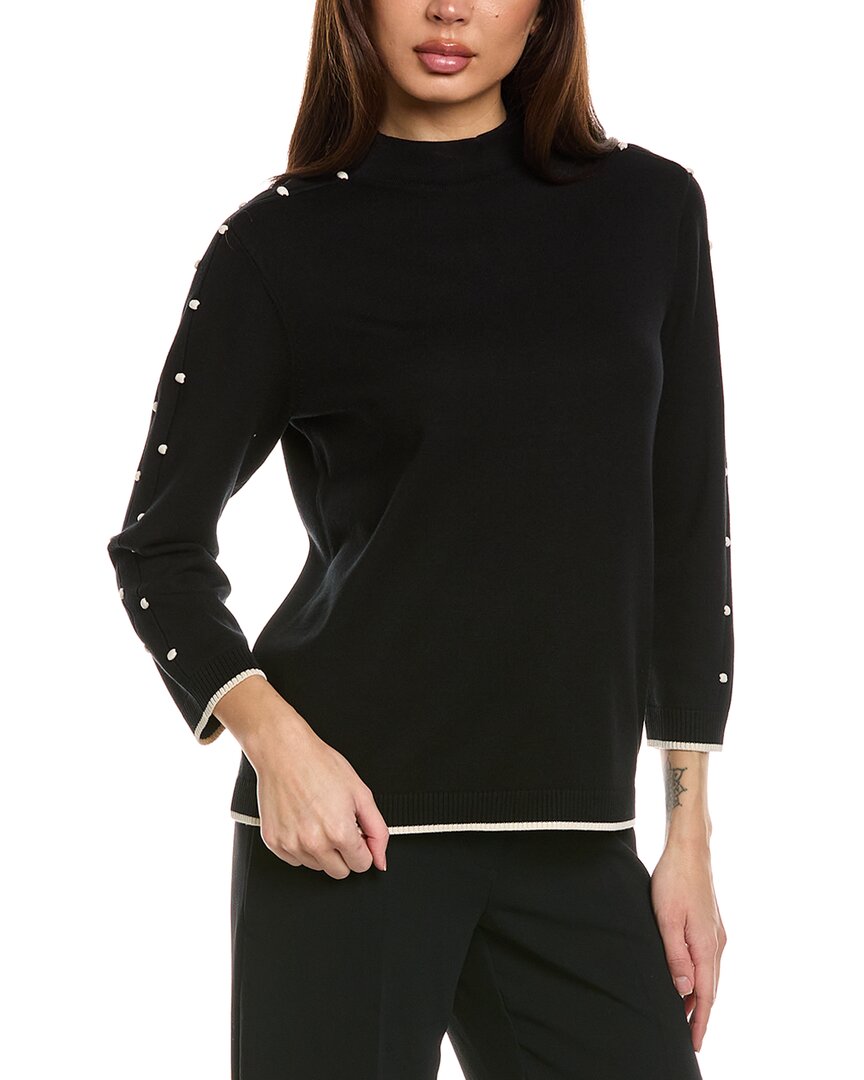 St John St. John Bobble Intarsia Pointelle Knit Mock Neck Sweater In Black