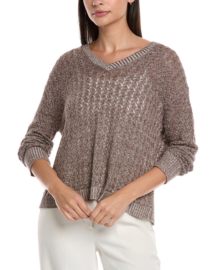 Lafayette 148 New York Cabled V-neck Linen & Silk-blend Sweater In Brown