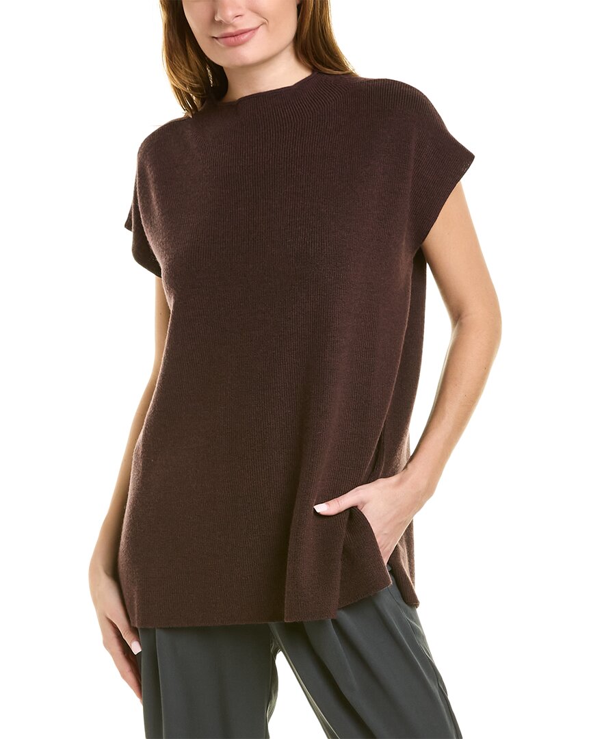 Eileen Fisher Funnel Neck Wool Boxy Top In Brown