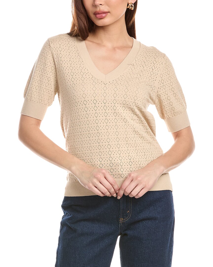 T Tahari V-neck Mitered Pointelle Pullover In Brown