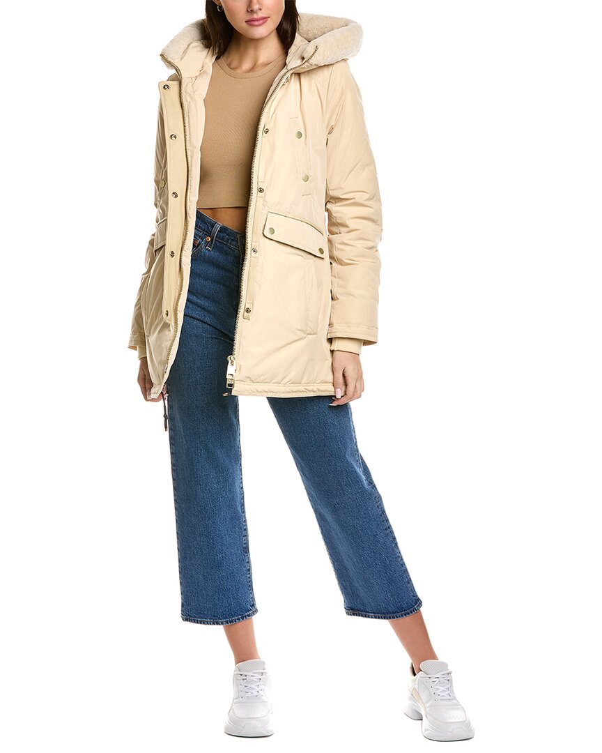 Shop Nb Series By Nicole Benisti Aurora Leather-trim Down Coat In Beige