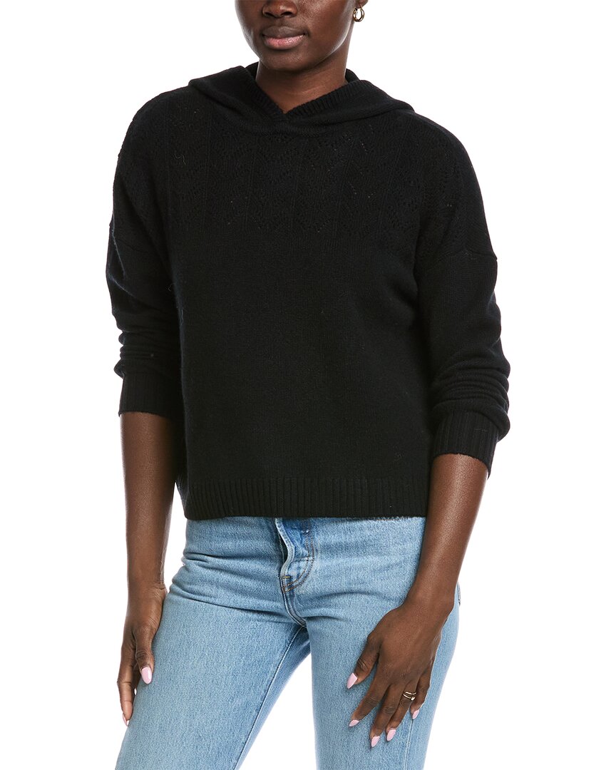 Autumn Cashmere Cropped Pointelle Yoke Cashmere Hoodie In Black