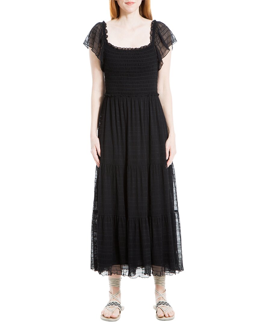 Max Studio Mesh Flutter Sleeve Smocked Midi Dress In Black