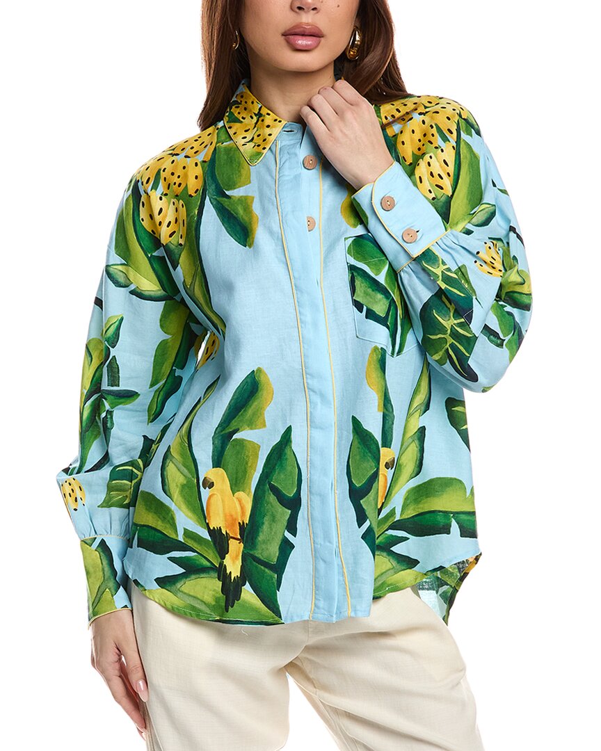 Farm Rio Summer Foliage Scarf Linen-blend Shirt In Blue
