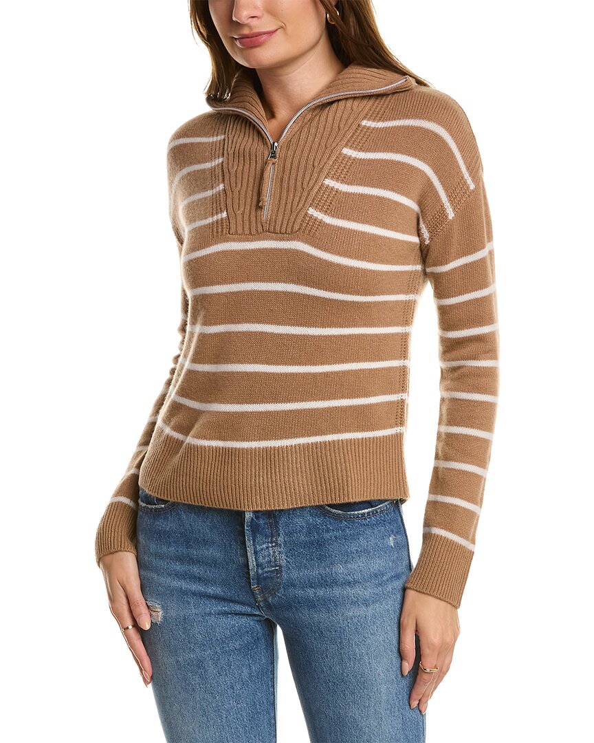 Shop Qi Cashmere Striped Zip Mock Neck Cashmere Sweater