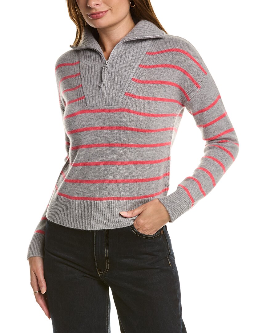 Shop Qi Cashmere Striped Zip Mock Neck Cashmere Sweater In Grey