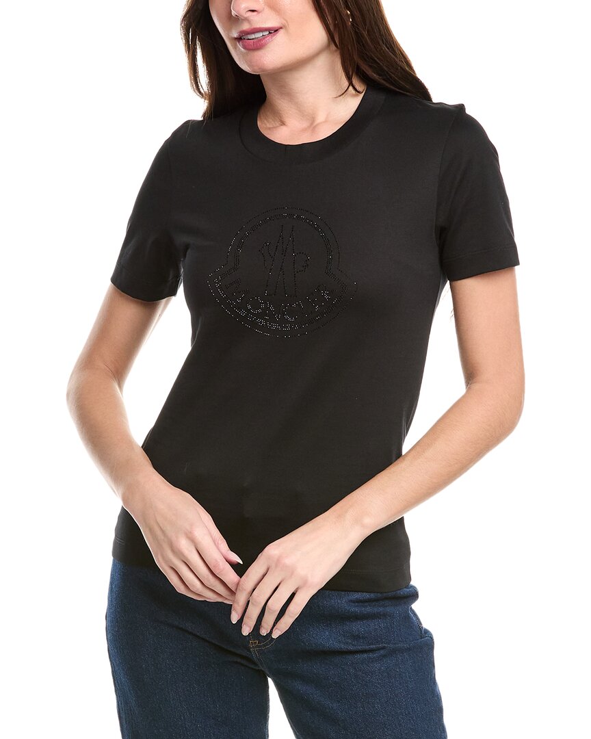 Moncler Women Black T-shirt With Rhinestone Logo In Cotton Woman In Black