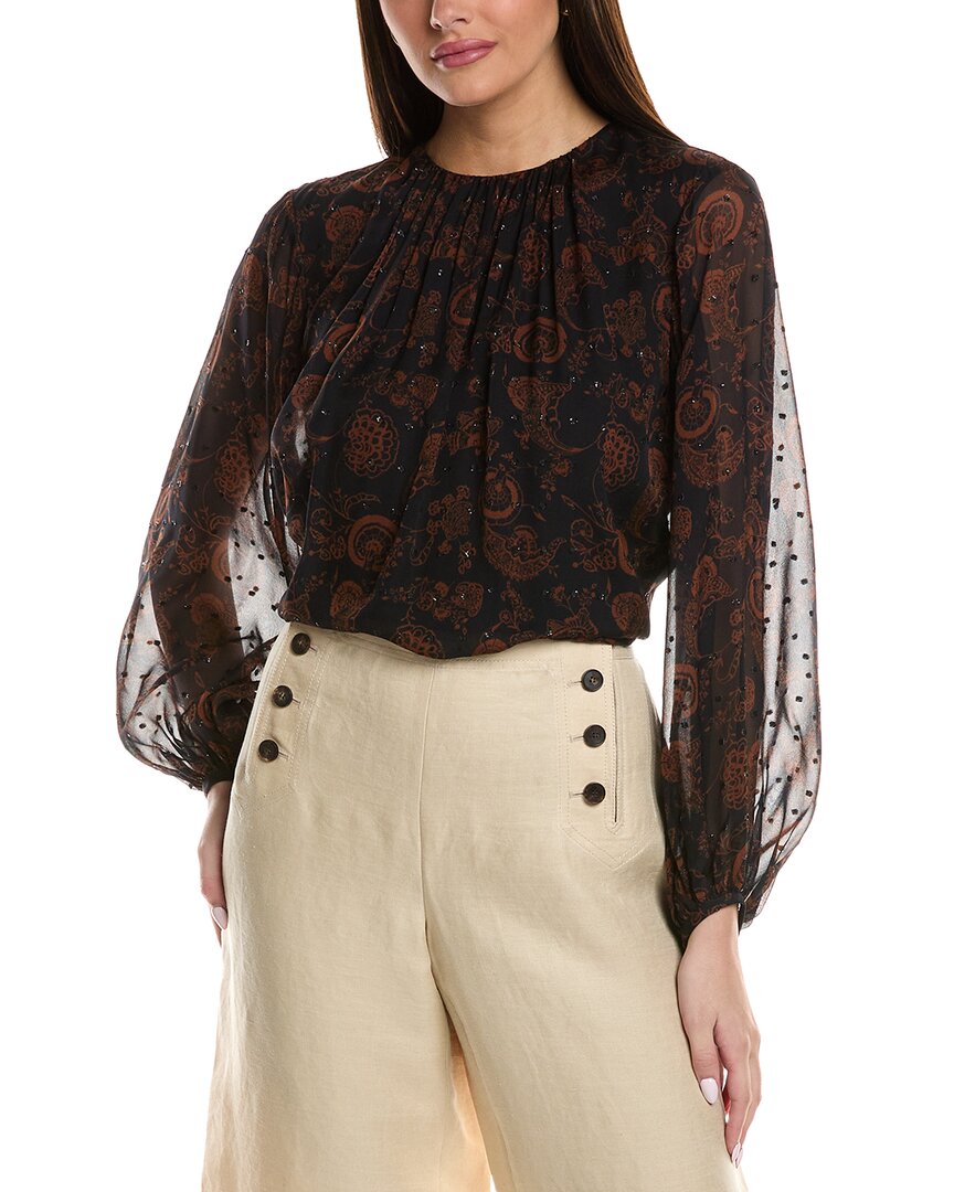 Lafayette 148 New York Balloon Sleeve Silk-blend Blouse In Brown